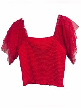 Willow & Root Square-Neck Smocked Puff-Sleeve/tulle Top in Coral